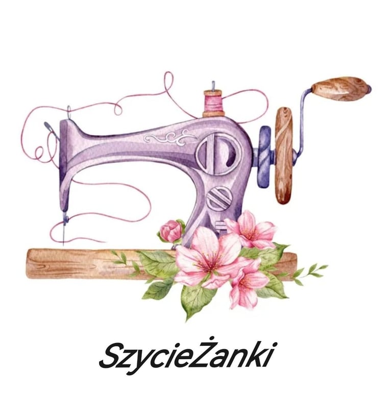 Purple vintage sewing machine with pink flowers and wooden spools, text reads SzycieZanki